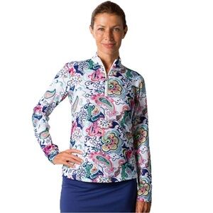 NWOT SanSoleil SolCool Print Polyester & Spandex 1/4 Zip Long Mesh Sleeve Top